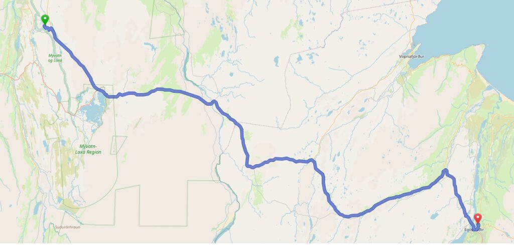 Karte mit der geplanten Fahrroute nach Egilstadir