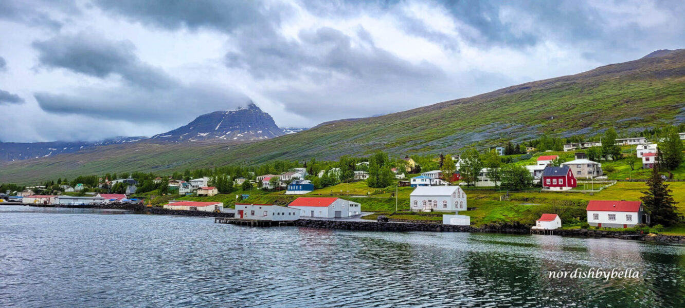 Blick auf die Häuser vom Fischerort Fáskrúðsfjörður